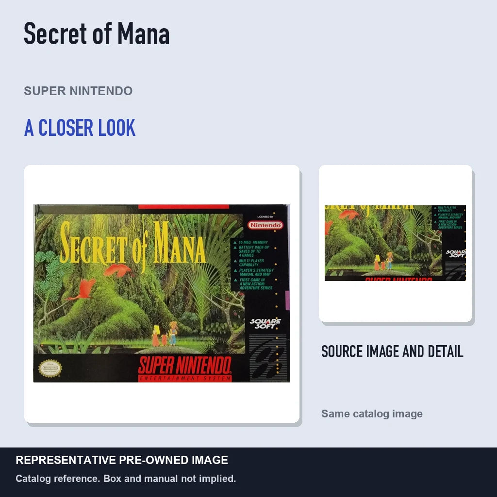 Representative pre-owned Secret of Mana (Super Nintendo), full image with detail inset.