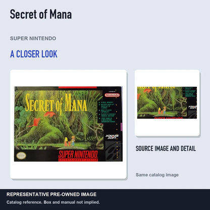 Representative pre-owned Secret of Mana (Super Nintendo), full image with detail inset.