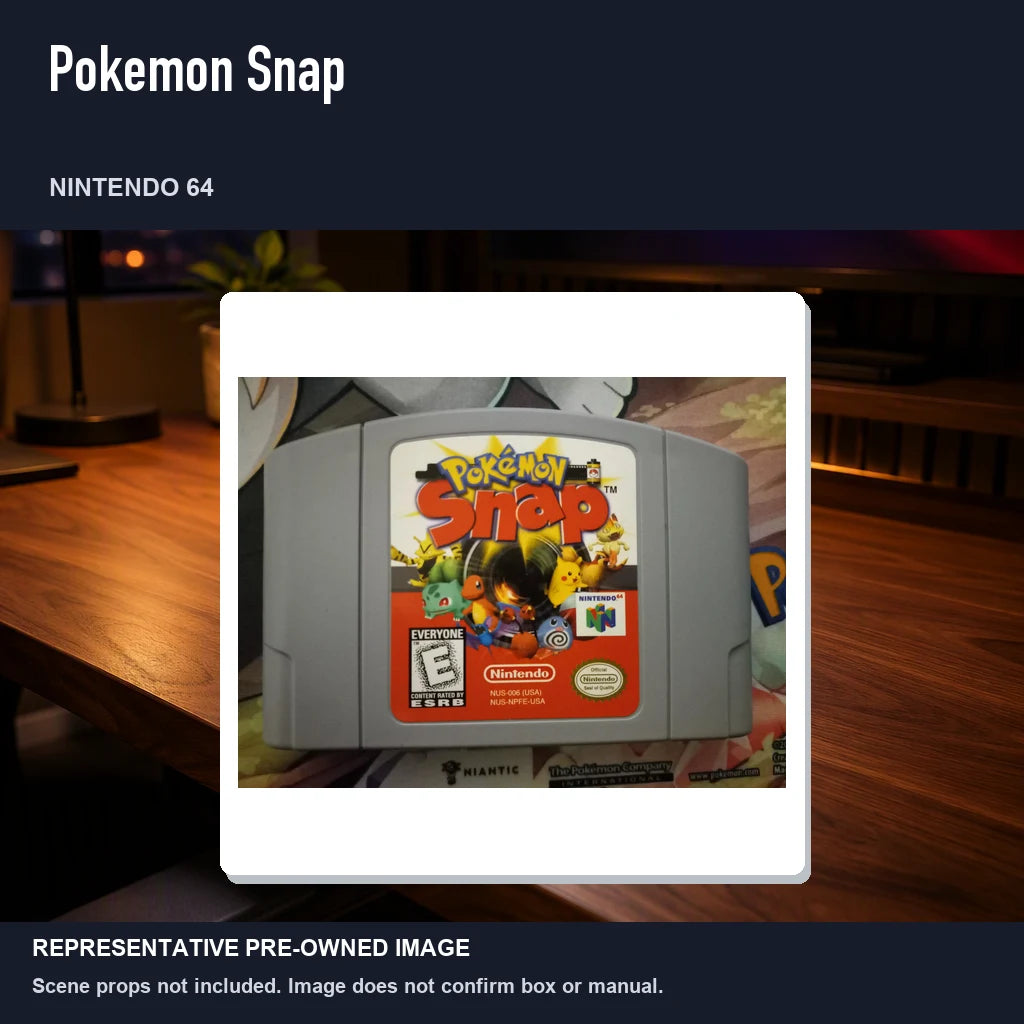 Representative pre-owned Pokemon Snap (Nintendo 64), product image in a styled desk scene.