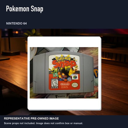 Representative pre-owned Pokemon Snap (Nintendo 64), product image in a styled desk scene.