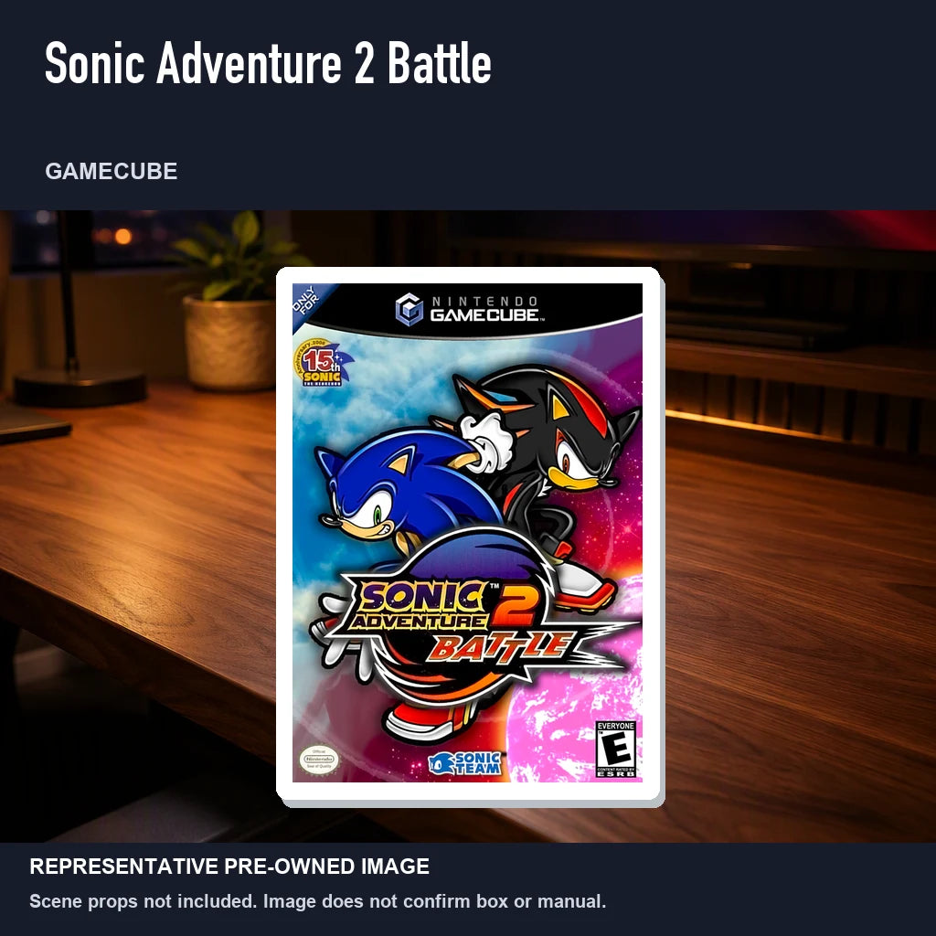Representative pre-owned Sonic Adventure 2 Battle (GameCube), product image in a styled desk scene.