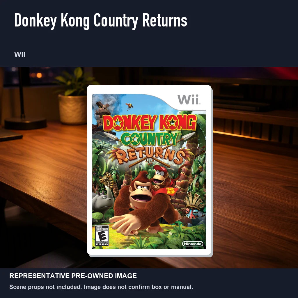 Representative pre-owned Donkey Kong Country Returns (Wii), product image in a styled desk scene.