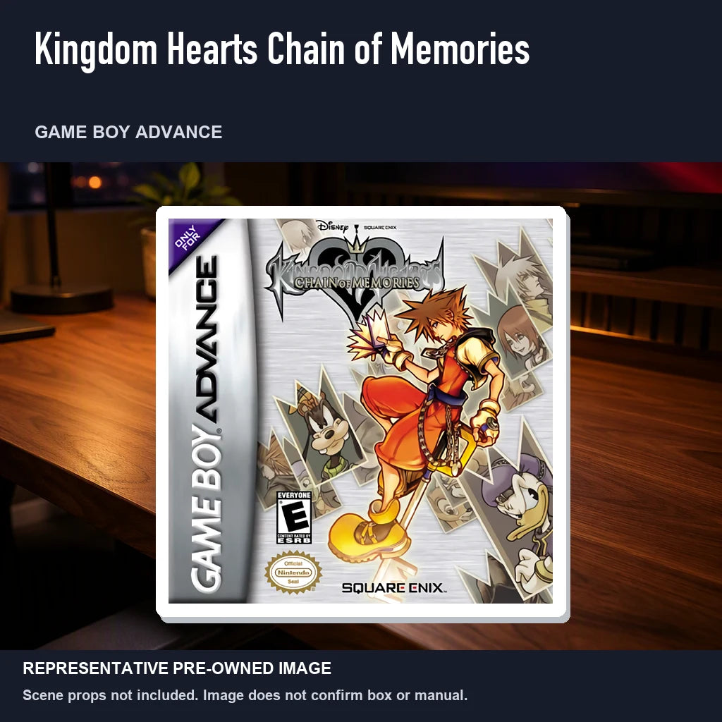 Representative pre-owned Kingdom Hearts Chain of Memories (Game Boy Advance), product image in a styled desk scene.