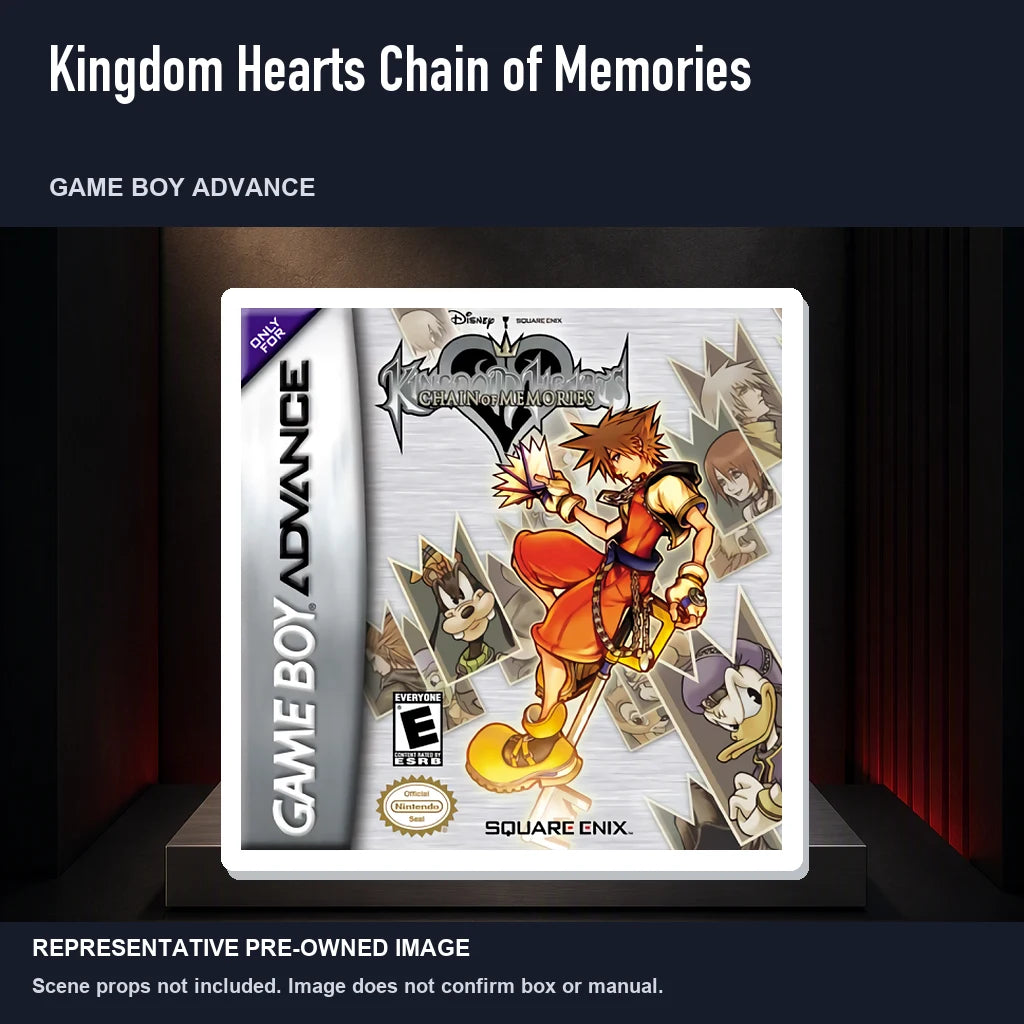 Representative pre-owned Kingdom Hearts Chain of Memories (Game Boy Advance), product image on a display panel.
