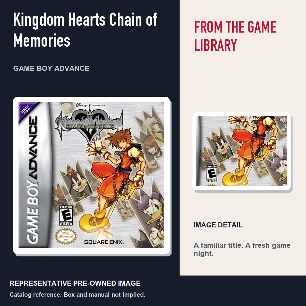 Representative pre-owned Kingdom Hearts Chain of Memories (Game Boy Advance), editorial image and detail.
