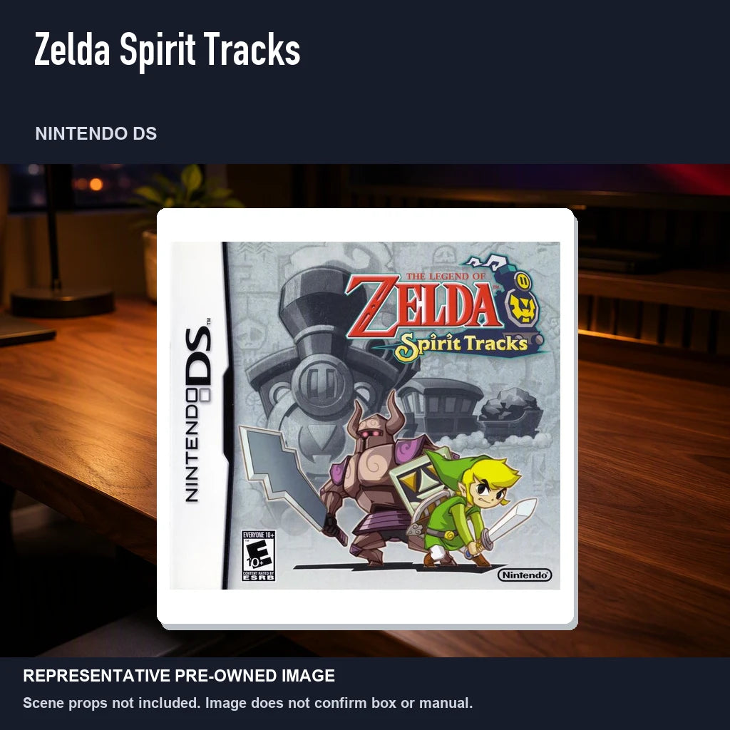 Representative pre-owned Zelda Spirit Tracks (Nintendo DS), product image in a styled desk scene.
