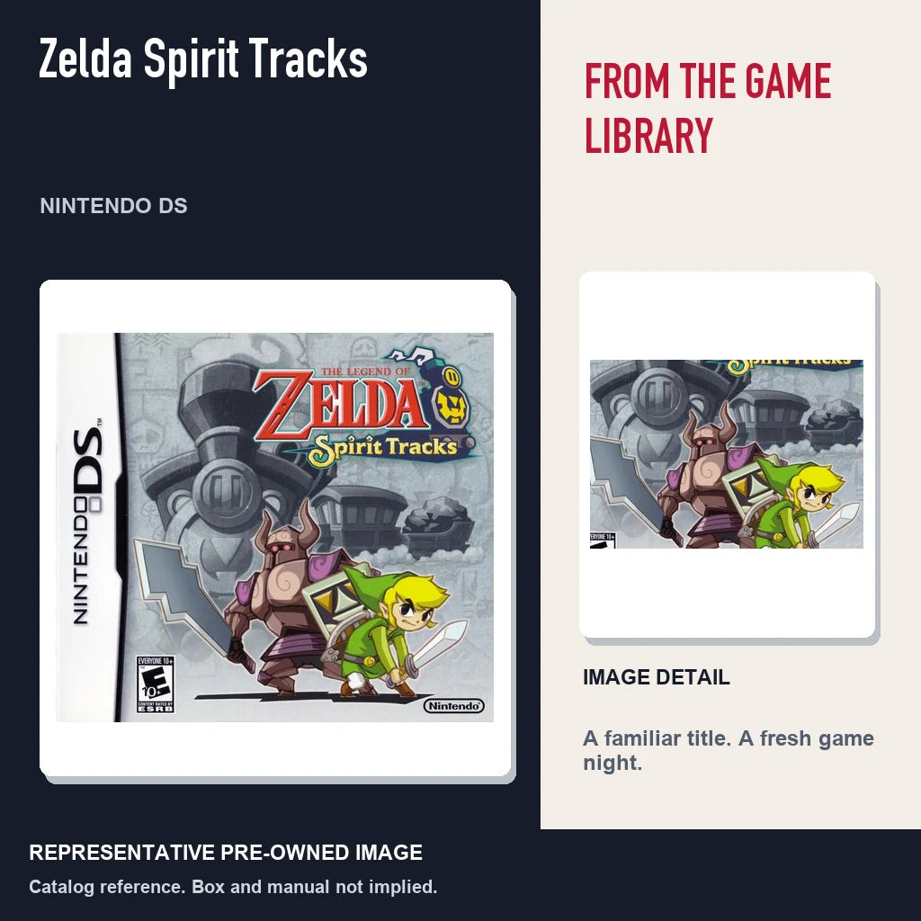 Representative pre-owned Zelda Spirit Tracks (Nintendo DS), editorial image and detail.