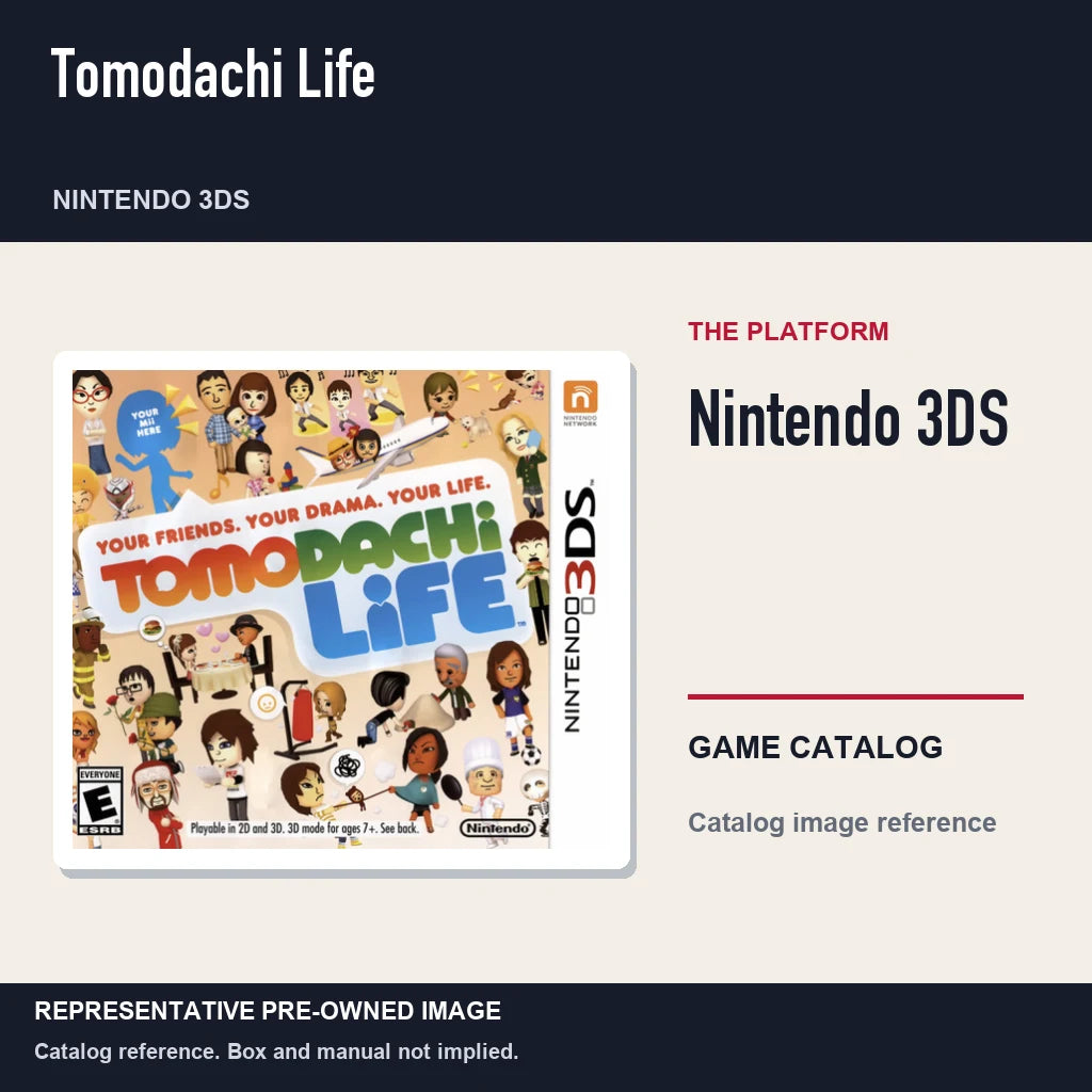 Representative pre-owned Tomodachi Life (Nintendo 3DS), platform product layout.