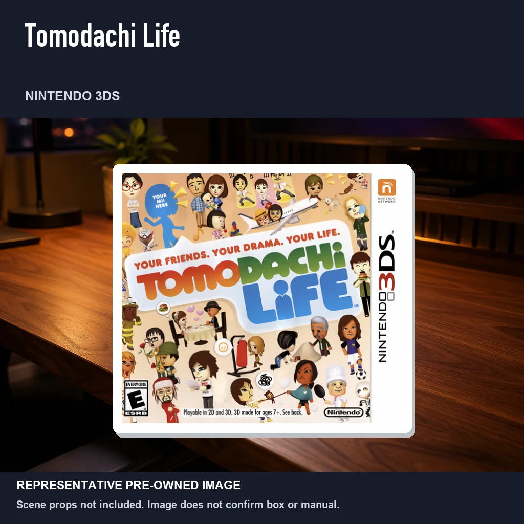 Representative pre-owned Tomodachi Life (Nintendo 3DS), product image in a styled desk scene.