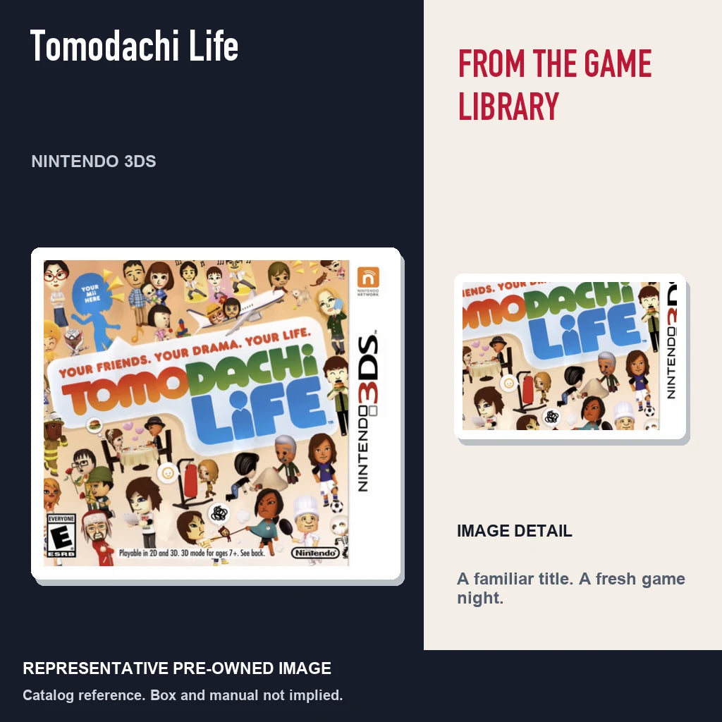Representative pre-owned Tomodachi Life (Nintendo 3DS), editorial image and detail.