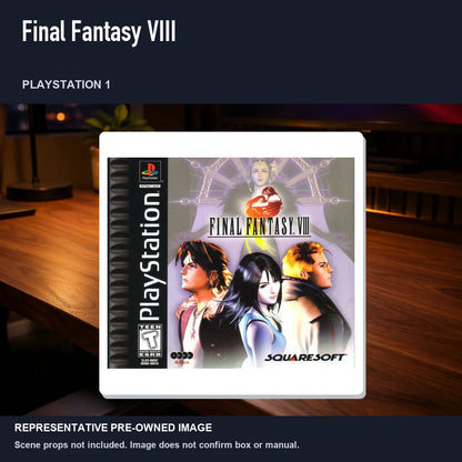 Representative pre-owned Final Fantasy VIII (PlayStation 1), product image in a styled desk scene.