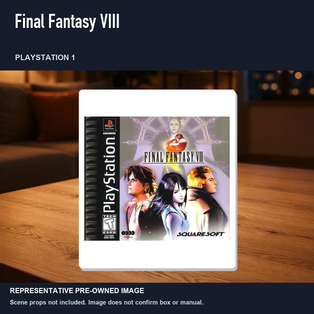 Representative pre-owned Final Fantasy VIII (PlayStation 1), product image in a styled room scene.