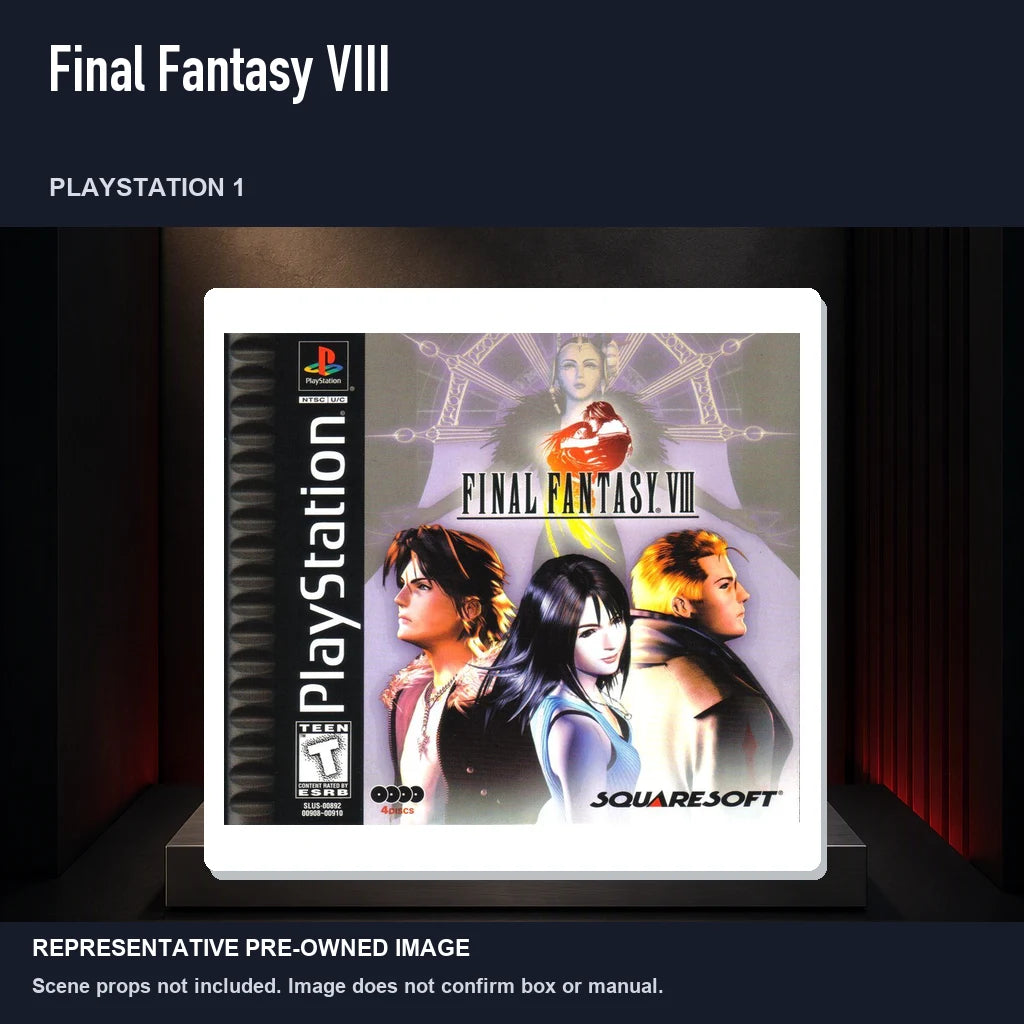 Representative pre-owned Final Fantasy VIII (PlayStation 1), product image on a display panel.