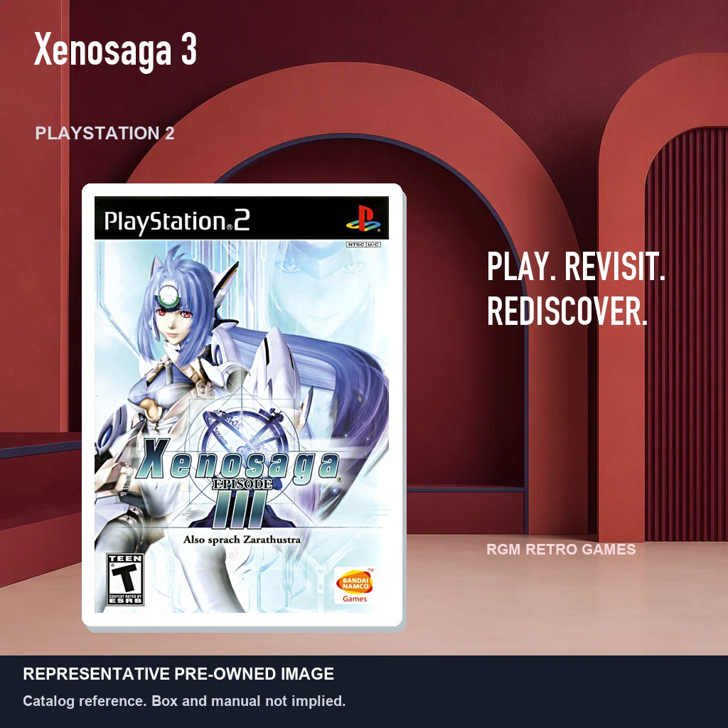 Representative pre-owned Xenosaga 3 (PlayStation 2), red retro product layout.