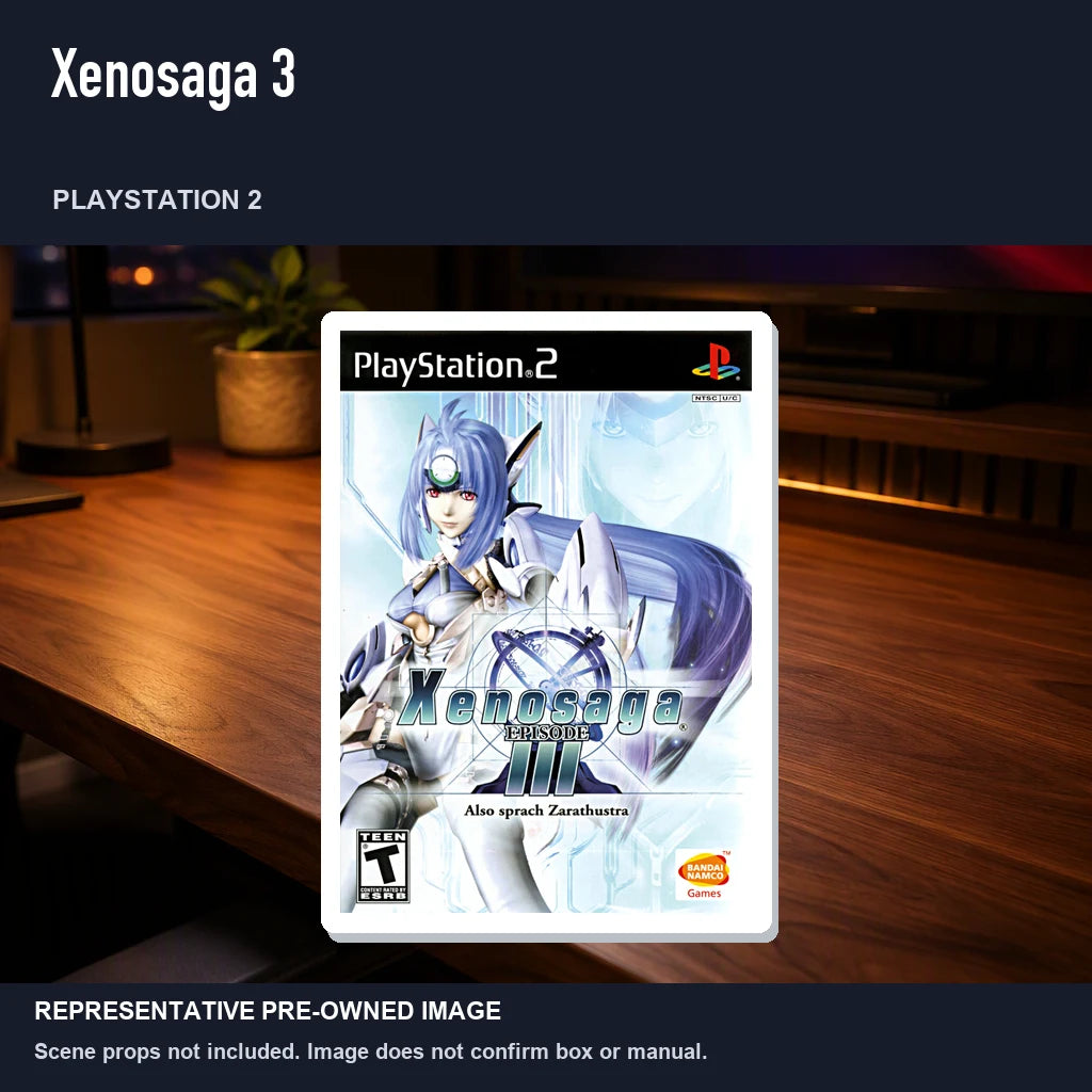 Representative pre-owned Xenosaga 3 (PlayStation 2), product image in a styled desk scene.
