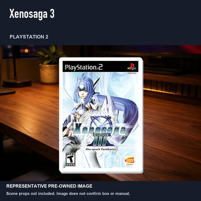Representative pre-owned Xenosaga 3 (PlayStation 2), product image in a styled desk scene.