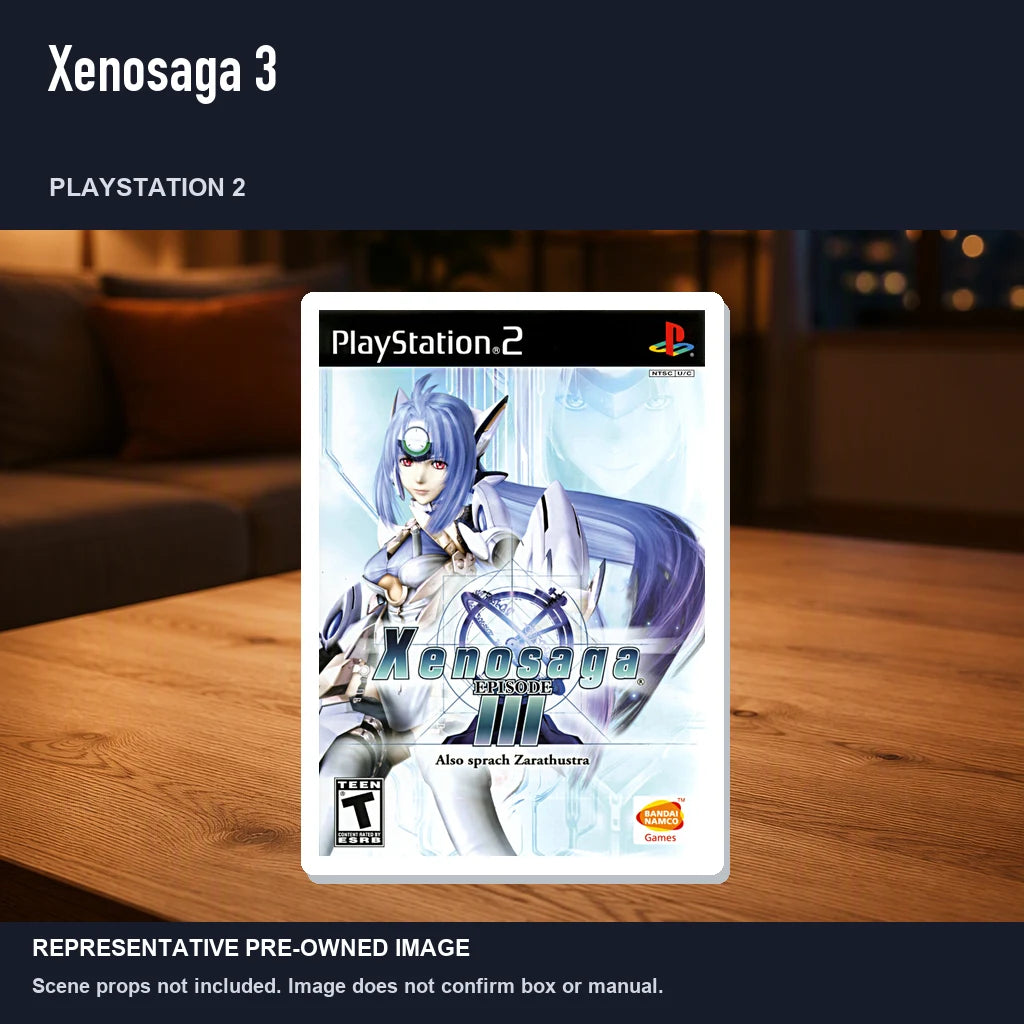 Representative pre-owned Xenosaga 3 (PlayStation 2), product image in a styled room scene.