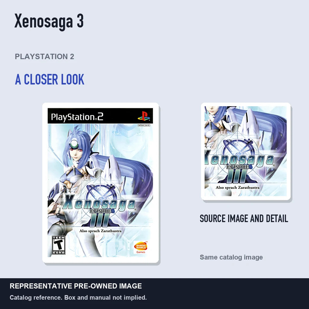 Representative pre-owned Xenosaga 3 (PlayStation 2), full image with detail inset.