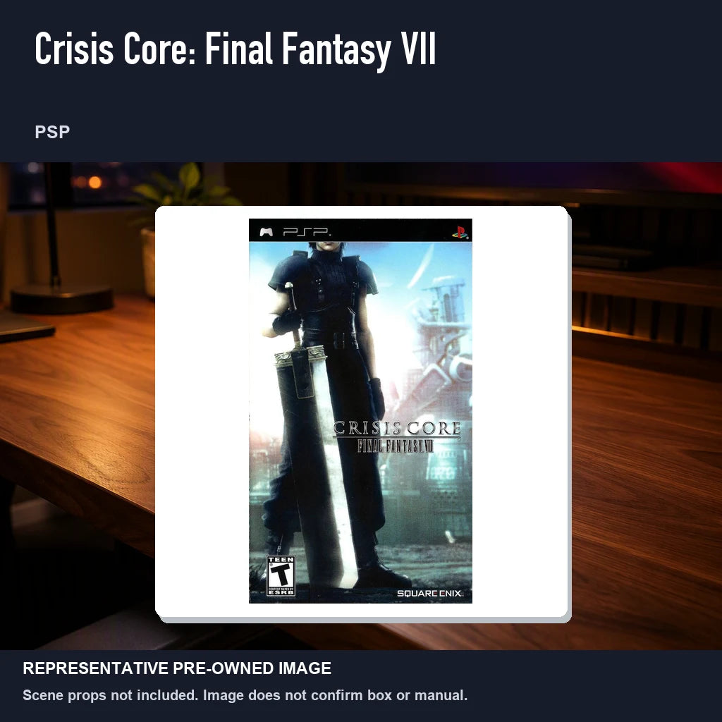 Representative pre-owned Crisis Core: Final Fantasy VII (PSP), product image in a styled desk scene.