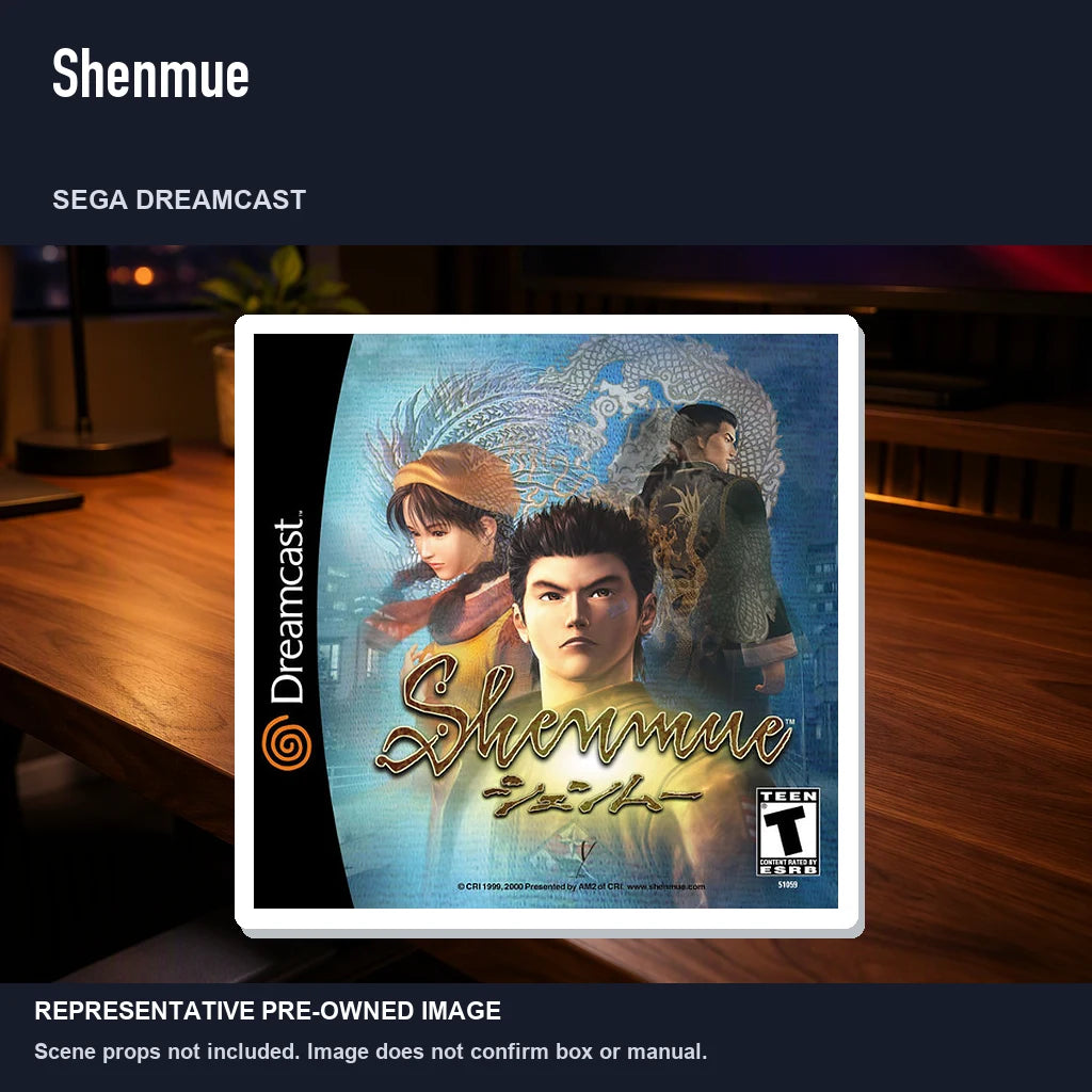 Representative pre-owned Shenmue (Sega Dreamcast), product image in a styled desk scene.