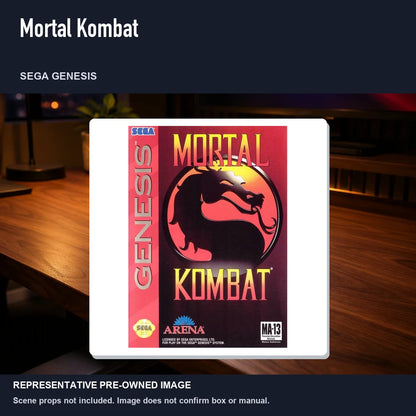 Representative pre-owned Mortal Kombat (Sega Genesis), product image in a styled desk scene.