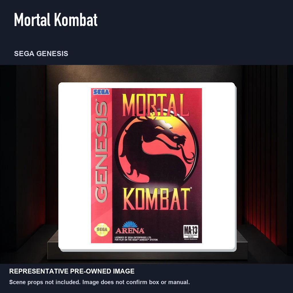 Representative pre-owned Mortal Kombat (Sega Genesis), product image on a display panel.