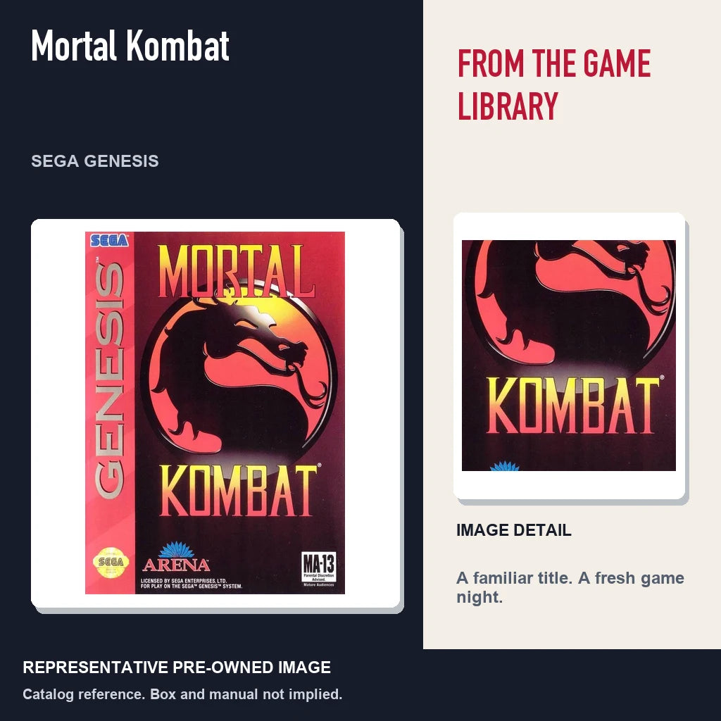 Representative pre-owned Mortal Kombat (Sega Genesis), editorial image and detail.