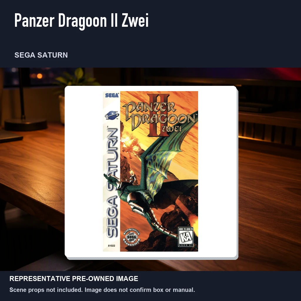 Representative pre-owned Panzer Dragoon II Zwei (Sega Saturn), product image in a styled desk scene.