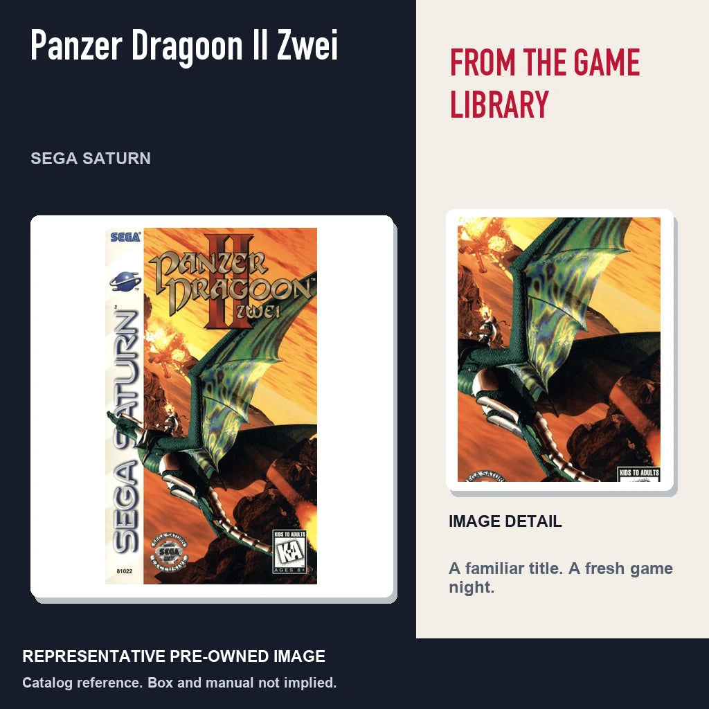 Representative pre-owned Panzer Dragoon II Zwei (Sega Saturn), editorial image and detail.