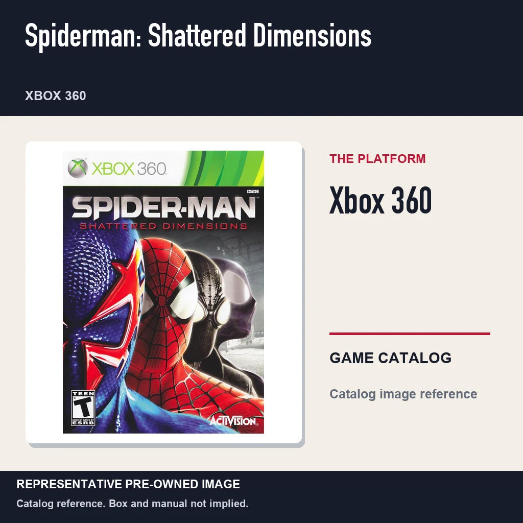 Representative pre-owned Spiderman: Shattered Dimensions (Xbox 360), platform product layout.
