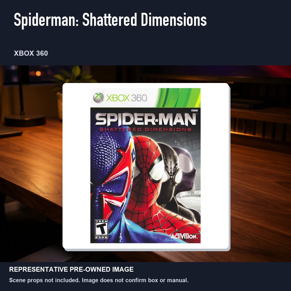 Representative pre-owned Spiderman: Shattered Dimensions (Xbox 360), product image in a styled desk scene.