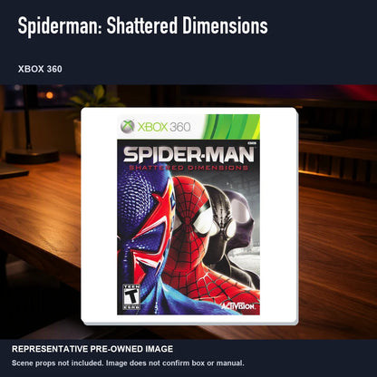 Representative pre-owned Spiderman: Shattered Dimensions (Xbox 360), product image in a styled desk scene.