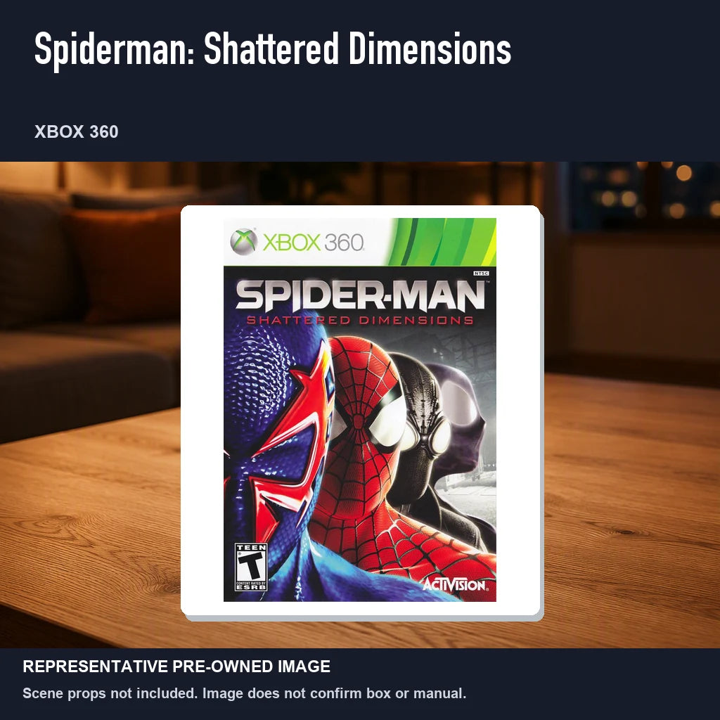 Representative pre-owned Spiderman: Shattered Dimensions (Xbox 360), product image in a styled room scene.