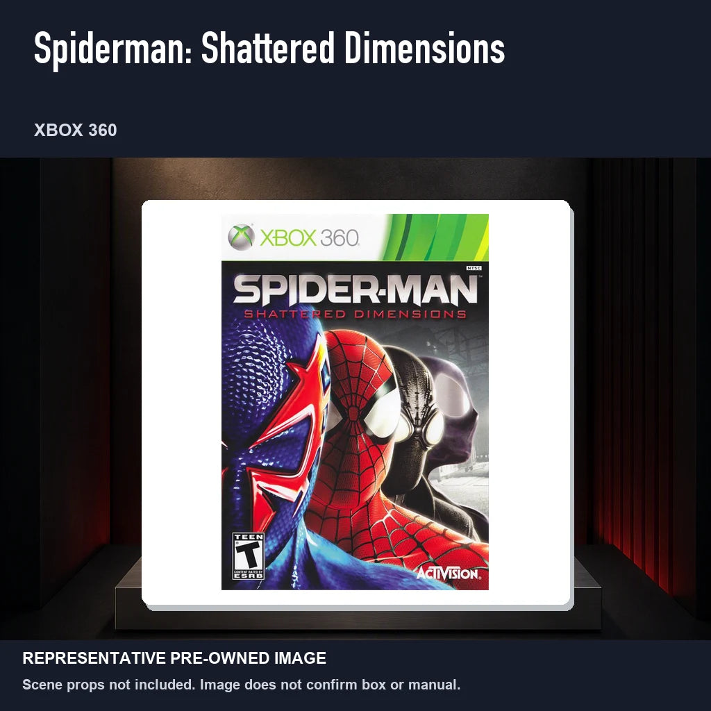 Representative pre-owned Spiderman: Shattered Dimensions (Xbox 360), product image on a display panel.
