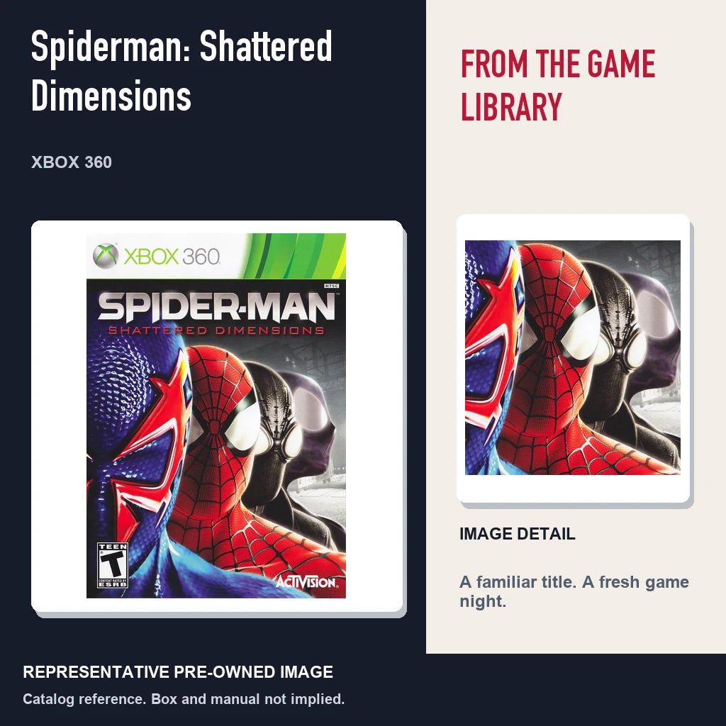 Representative pre-owned Spiderman: Shattered Dimensions (Xbox 360), editorial image and detail.