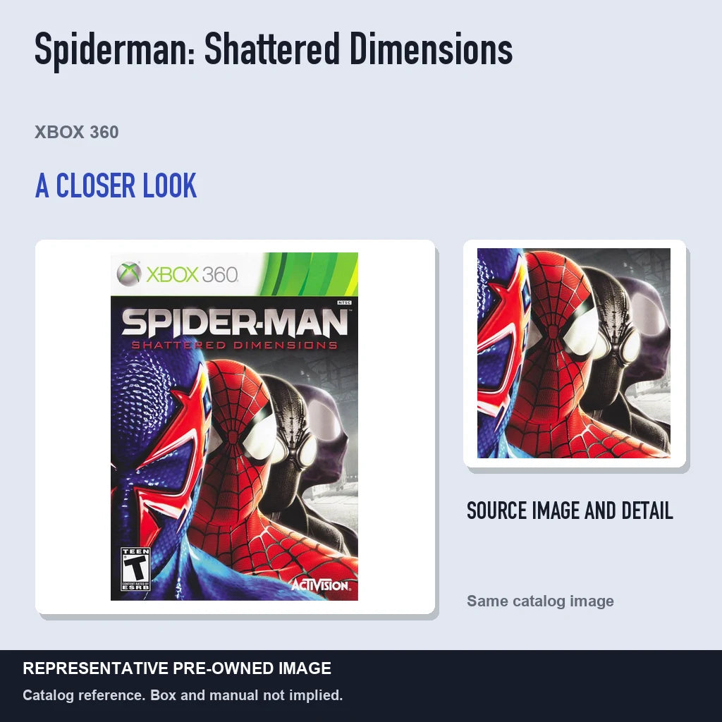 Representative pre-owned Spiderman: Shattered Dimensions (Xbox 360), full image with detail inset.