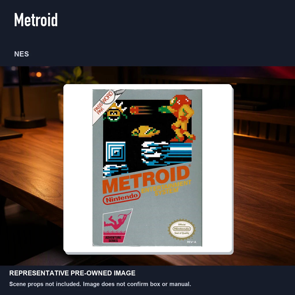 Representative pre-owned Metroid (NES), product image in a styled desk scene.