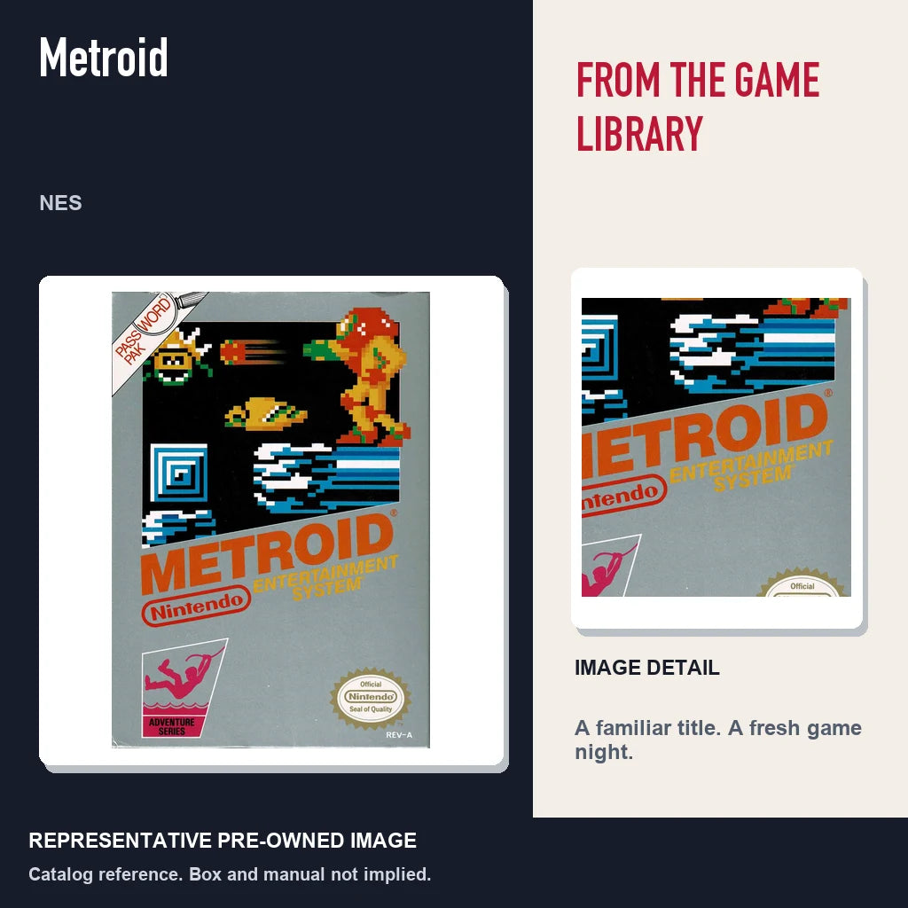 Representative pre-owned Metroid (NES), editorial image and detail.