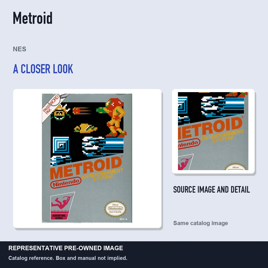 Representative pre-owned Metroid (NES), full image with detail inset.