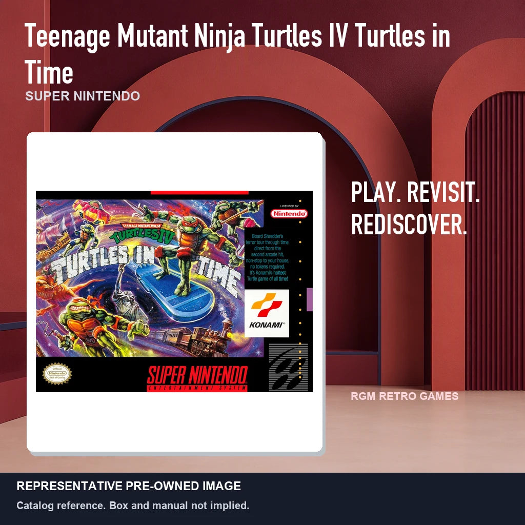 Representative pre-owned Teenage Mutant Ninja Turtles IV Turtles in Time (Super Nintendo), red retro product layout.