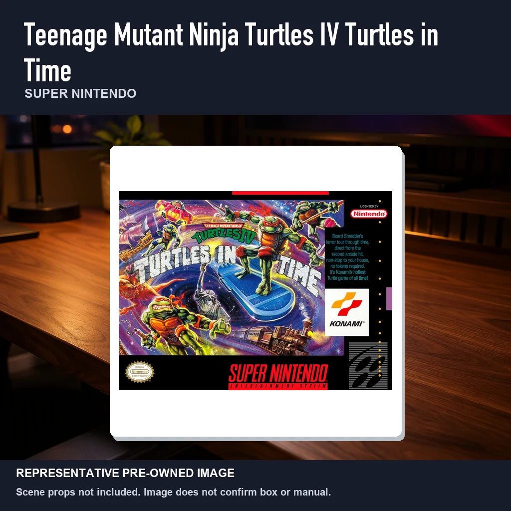 Representative pre-owned Teenage Mutant Ninja Turtles IV Turtles in… (Super Nintendo), product image in a styled desk scene.