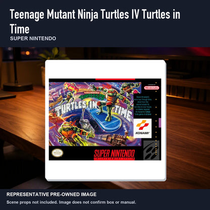 Representative pre-owned Teenage Mutant Ninja Turtles IV Turtles in… (Super Nintendo), product image in a styled desk scene.