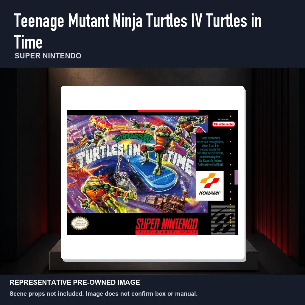 Representative pre-owned Teenage Mutant Ninja Turtles IV Turtles in Time (Super Nintendo), product image on a display panel.