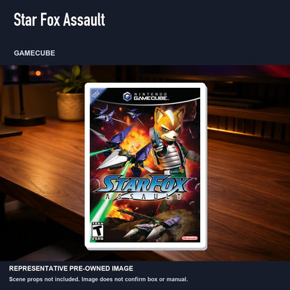 Representative pre-owned Star Fox Assault (GameCube), product image in a styled desk scene.