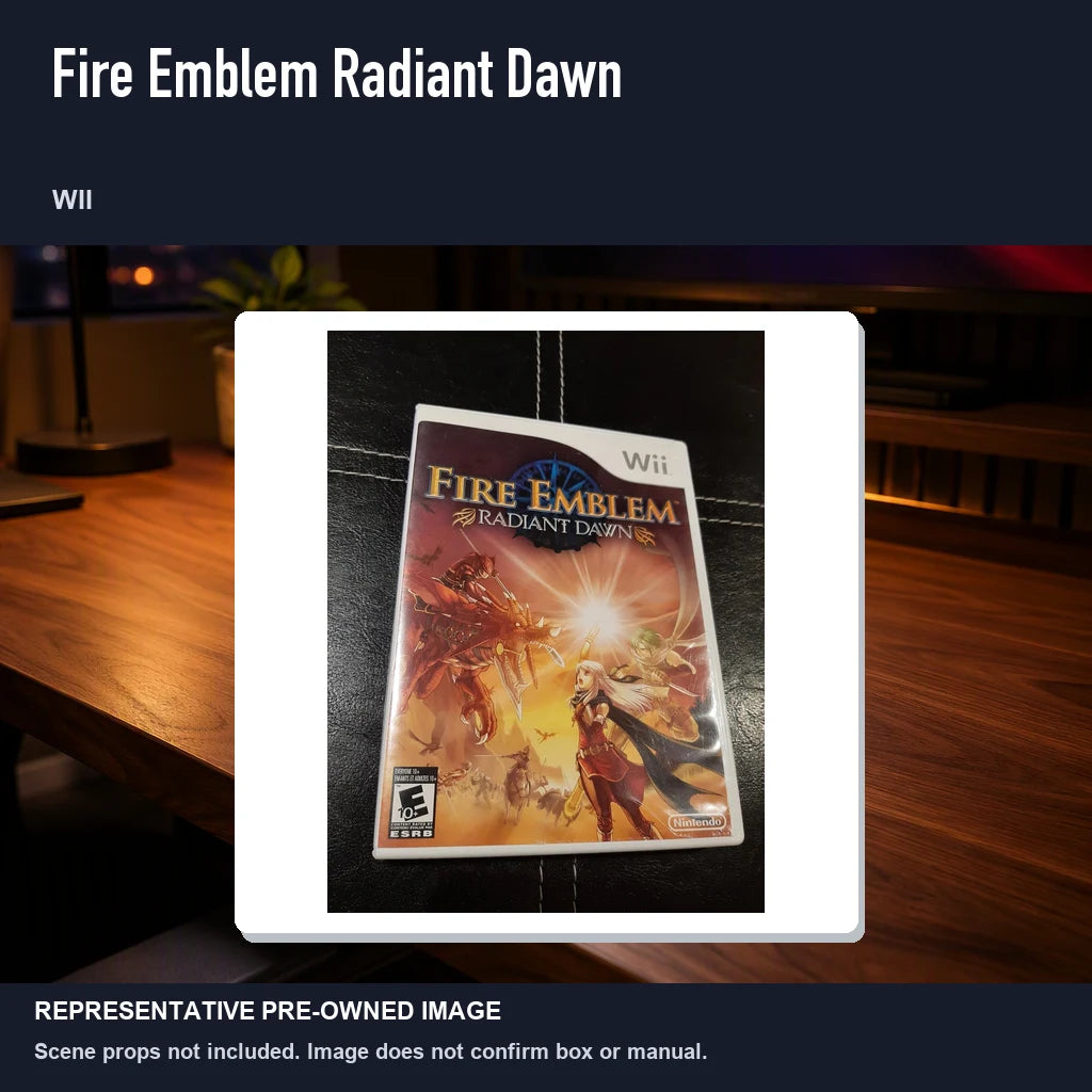 Representative pre-owned Fire Emblem Radiant Dawn (Wii), product image in a styled desk scene.