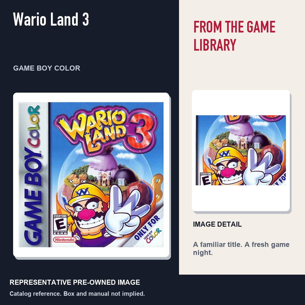 Representative pre-owned Wario Land 3 (Game Boy Color), editorial image and detail.