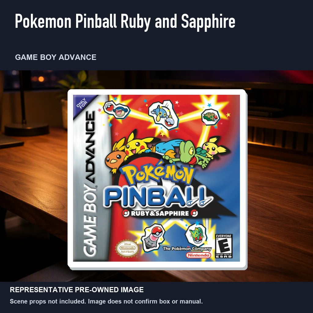 Representative pre-owned Pokemon Pinball Ruby and Sapphire (Game Boy Advance), product image in a styled desk scene.