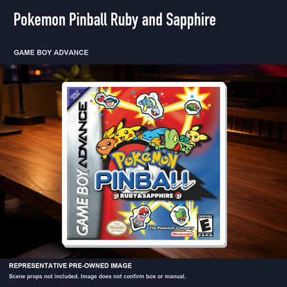 Representative pre-owned Pokemon Pinball Ruby and Sapphire (Game Boy Advance), product image in a styled desk scene.