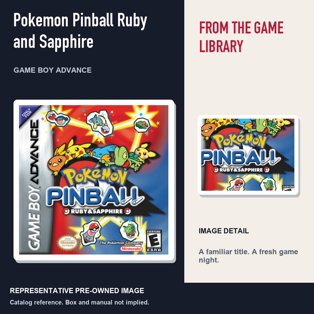 Representative pre-owned Pokemon Pinball Ruby and Sapphire (Game Boy Advance), editorial image and detail.