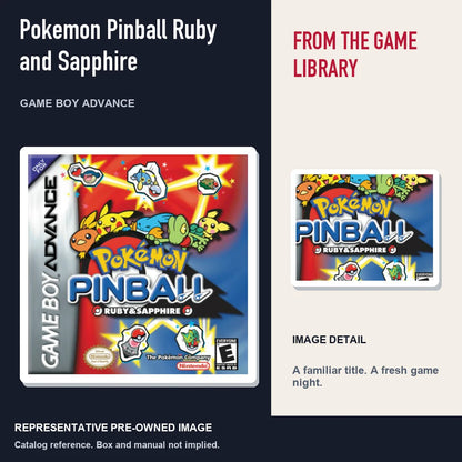 Representative pre-owned Pokemon Pinball Ruby and Sapphire (Game Boy Advance), editorial image and detail.